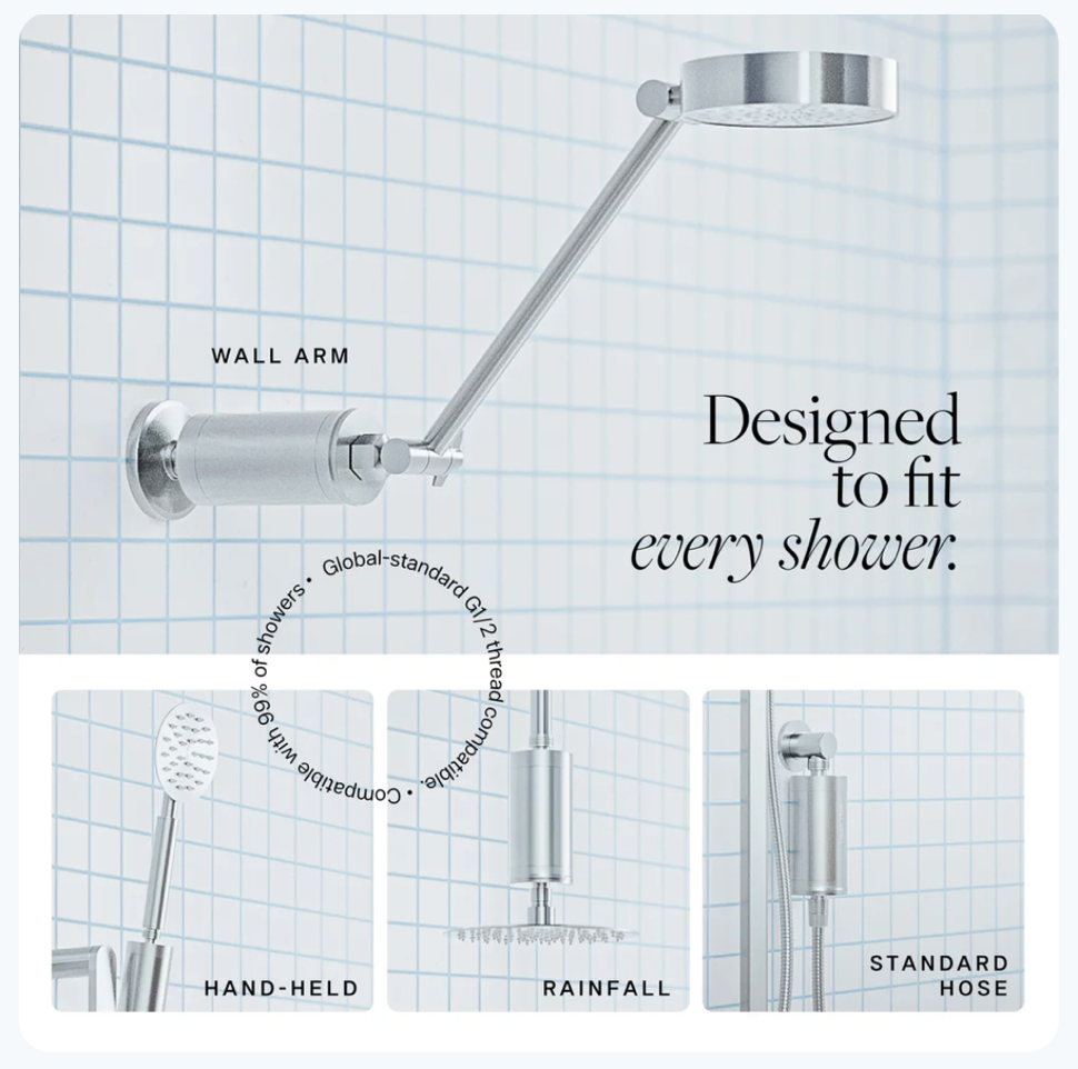 Well Verti premium shower filter with universal installation for wall arm, handheld, rainfall and hose showers.