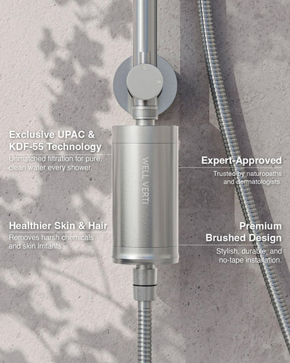 Wellness Pod™ by Well Verti in Silver – Premium shower filter designed to improve skin hydration, support hair health, and reduce chlorine, and heavy metals for a cleaner, healthier shower experience.